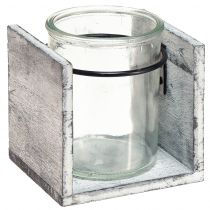 Telysholder laget av glass i rustikk treramme - gråhvit, 10x9x10cm - sjarmerende borddekorasjon 3 stk.