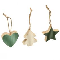 gjenstander Juletre tre anheng sett, hjerte-tre-stjerne, mint-grønn-hvit, 4,5 cm, 9 deler - juledekorasjon