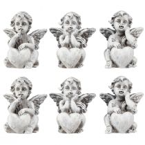 gjenstander Liten engel med hjerte gravdekorasjon figur grå H5,5cm 6 stk