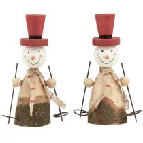 gjenstander Bedårende sett med 2 snømenn i tre med røde topphatter - naturlig og rød, 15,5 cm - vinterborddekorasjon