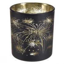 Elegant glasslykt med fyrverkeridesign - svart og gull, 9 cm - ideell dekorasjon for festlige anledninger - pakke med 6