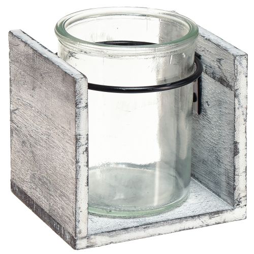 Glass telysholder i rustikk treramme - gråhvit, 10x9x10 cm 3 stk - sjarmerende borddekorasjon
