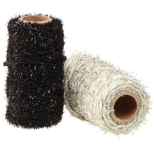 Floristik24 Dekorsnor glitter sort beige hvit B1,5mm L25m 2 stk