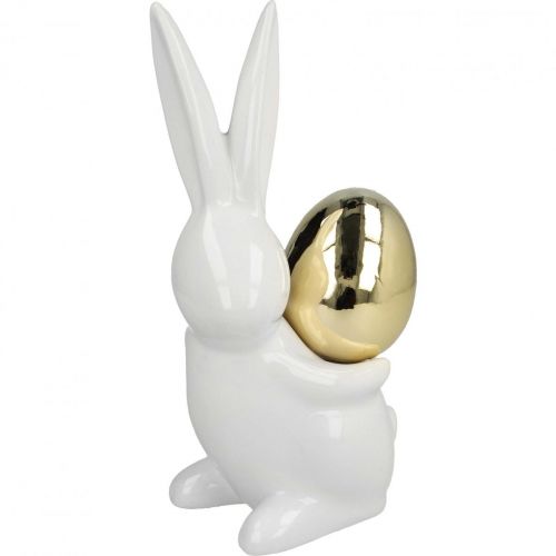 Påskeharer elegante, keramiske kaniner med gullegg, påskepynt hvit, gylden H18cm 2stk