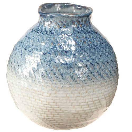 Keramisk vase glasert blå hvit flettet look H18,5cm