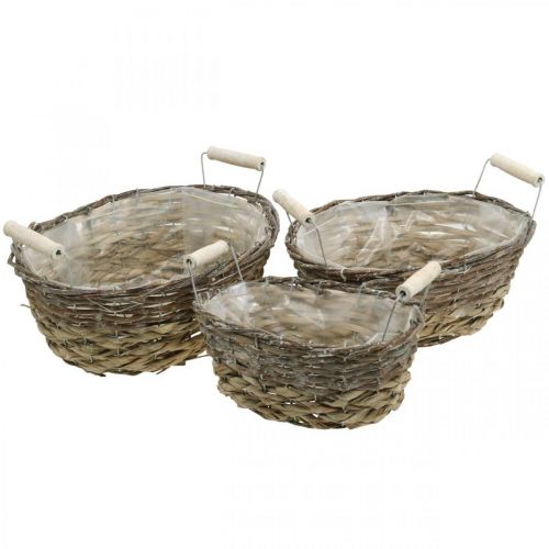 Naturlig kurv for planting, kurv med håndtak, plantekasse shabby chic hvitvasket L31/27,5/24cm H12/11,5/10cm sett med 3 stk.