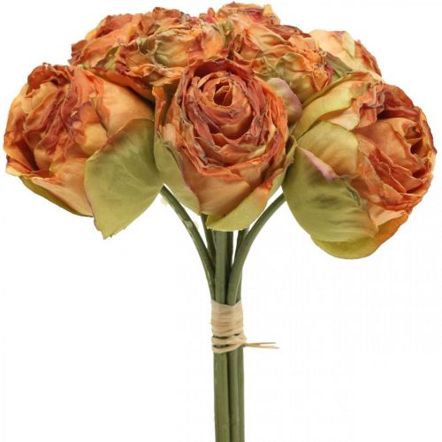 gjenstander Rosebunke, silkeblomster, kunstige roser oransje, antikt utseende L23cm 8stk