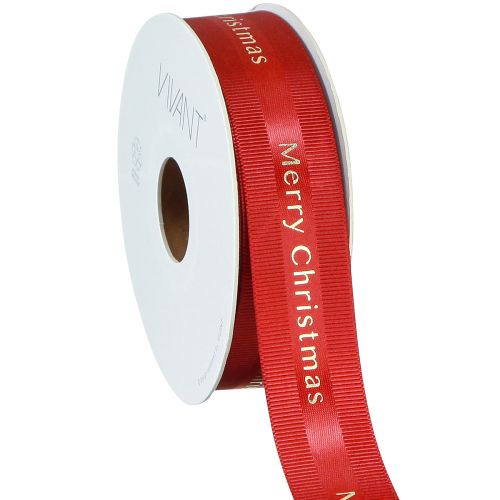 Rødt julebånd med gull &#39;Merry Christmas&#39; skrift, bredde 25mm, lengde 20m