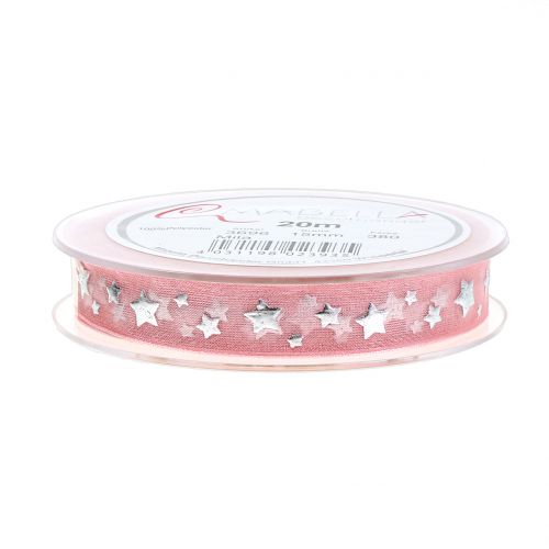 gjenstander Julebånd organza rosa med stjernemotiv 15mm 20m