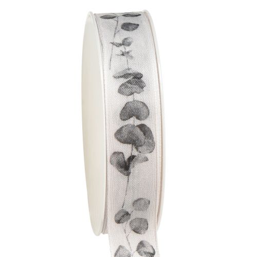 Dekorativt smykkebånd eukalyptus hvit grå B25mm L20m