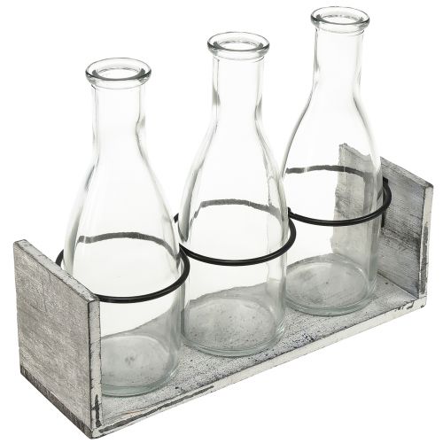 Rustikk flaskesett i trestøtte - 3 glassflasker, gråhvit, 24x8x20 cm - Allsidig til dekorasjon