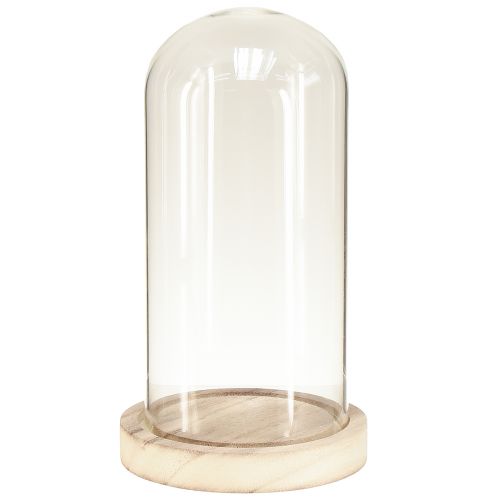 Glassklokke med sokkel laget av klart naturtre Ø12cm H21cm