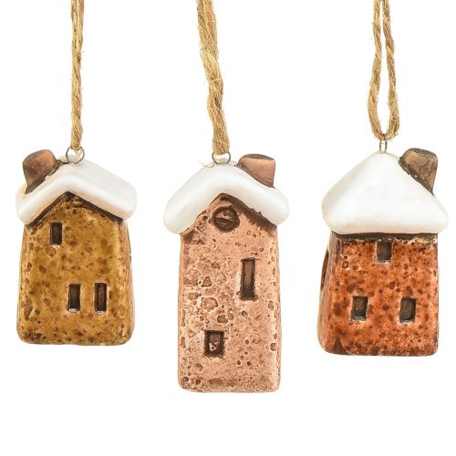 Hengende hytter i keramikk - forskjellige brune nyanser, snøbelagte tak - Sjarmerende juledekorasjon - pakke med 6