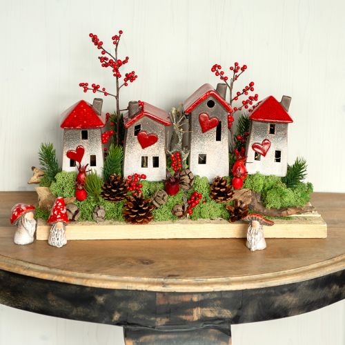 Romantiske keramiske hus med hjertemotiv i et sett med 3 - røde og naturlige toner, 10,9 cm - kjærlig utformede lykter
