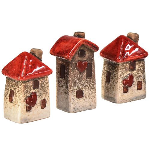 Keramiske hus 6 stykker med rødt takvindu og hjerte - 6 cm - Idyllisk dekorasjon for hjem og hage
