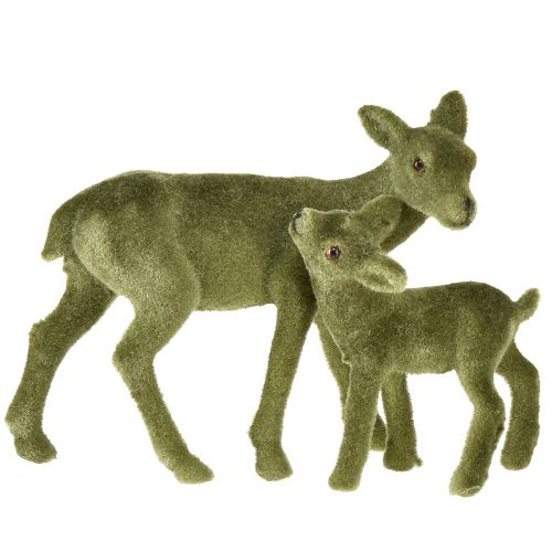 gjenstander Hjort dekorative figurer Julegrønn flokket hjort med fawn i sett H9/5,5cm 4 stk.