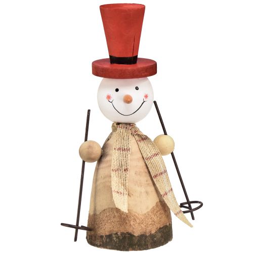 Snømann laget av tre dekorativ figur med hatt rød naturlig H20,5cm