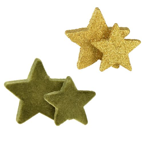 Scatter dekorasjon stjerner grønn og gull med glitter bordpynt Jul 4/5cm 40 stk