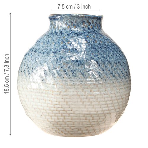 gjenstander Keramisk vase glasert blå hvit flettet look H18,5cm